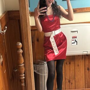 Iz Byer Red Strapless Dress with White Belt